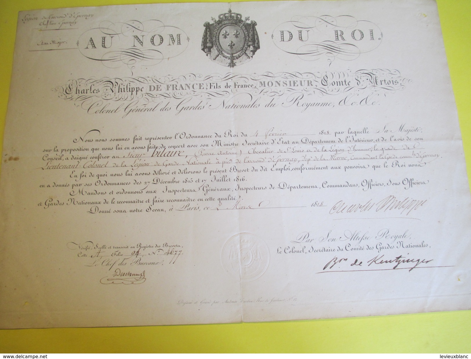 Brevet /Autographe/Charles Philippe De France,Comte D'Artois/Épernay Marne/Nomination/Hilaire/Lt Colonel/1818     DIP209 - Diploma's En Schoolrapporten