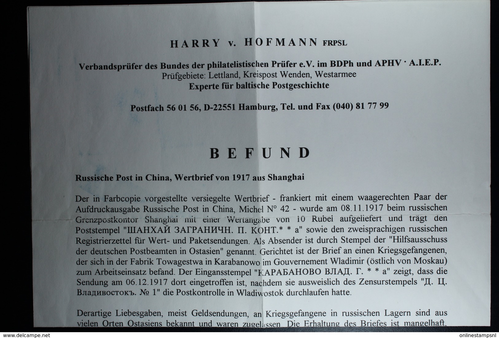 Russische Post In China, Wertbrief 1917 Shanghai To Kriegsgefangene In Rusland Mit Befund Hofmann - Chine