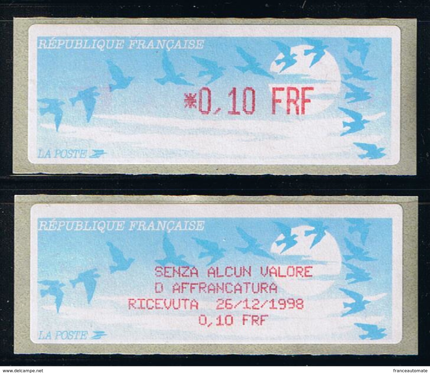 ATMS, LISA1, FRF, OISEAUX DE JUBERT, 0.10, Avec Reçu FRF En Italien. Programme De La Préparation à L'Euro. - 1990 « Oiseaux De Jubert »