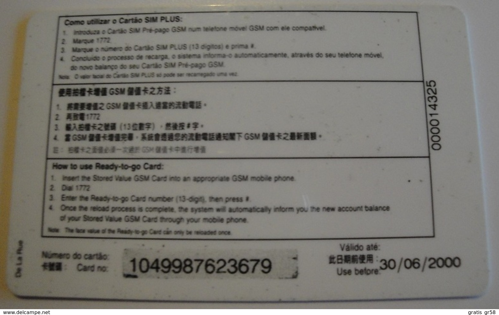 Macau - Mac-CTM-Pre-032, GSM Refill, Ready To Go Card, Exp.30/6/2000, Used - Macao