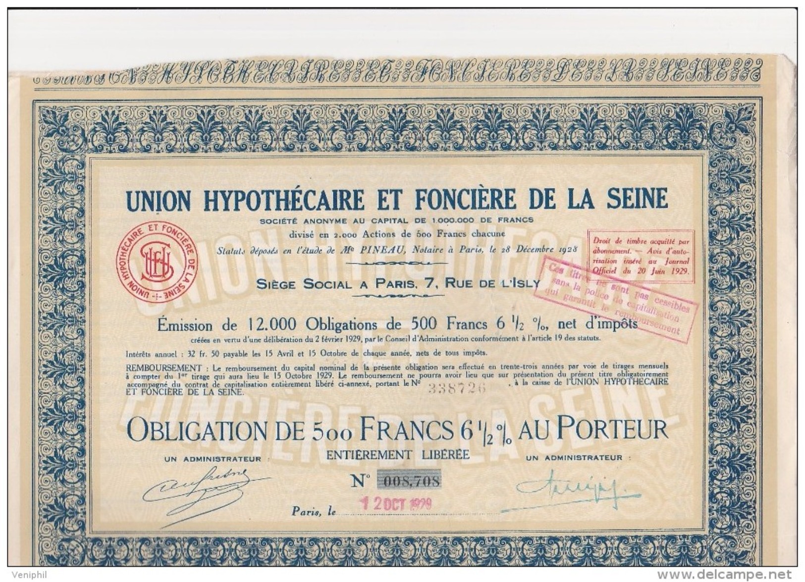 OBLIGATION DE 500 FRS 6,5 % AU PORTEUR - UNION HYPOTHECAIRE ET FONCIERE DE LA SEINE - 1929 - Bank & Insurance