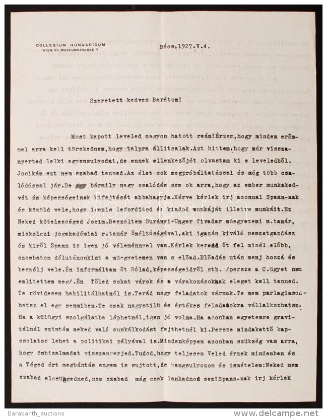 1927 L&aacute;b&aacute;n Antal(1884-1957) A B&eacute;csi Collegium Hungaricum Igazgat&oacute;j&aacute;nak Levele... - Sonstige & Ohne Zuordnung