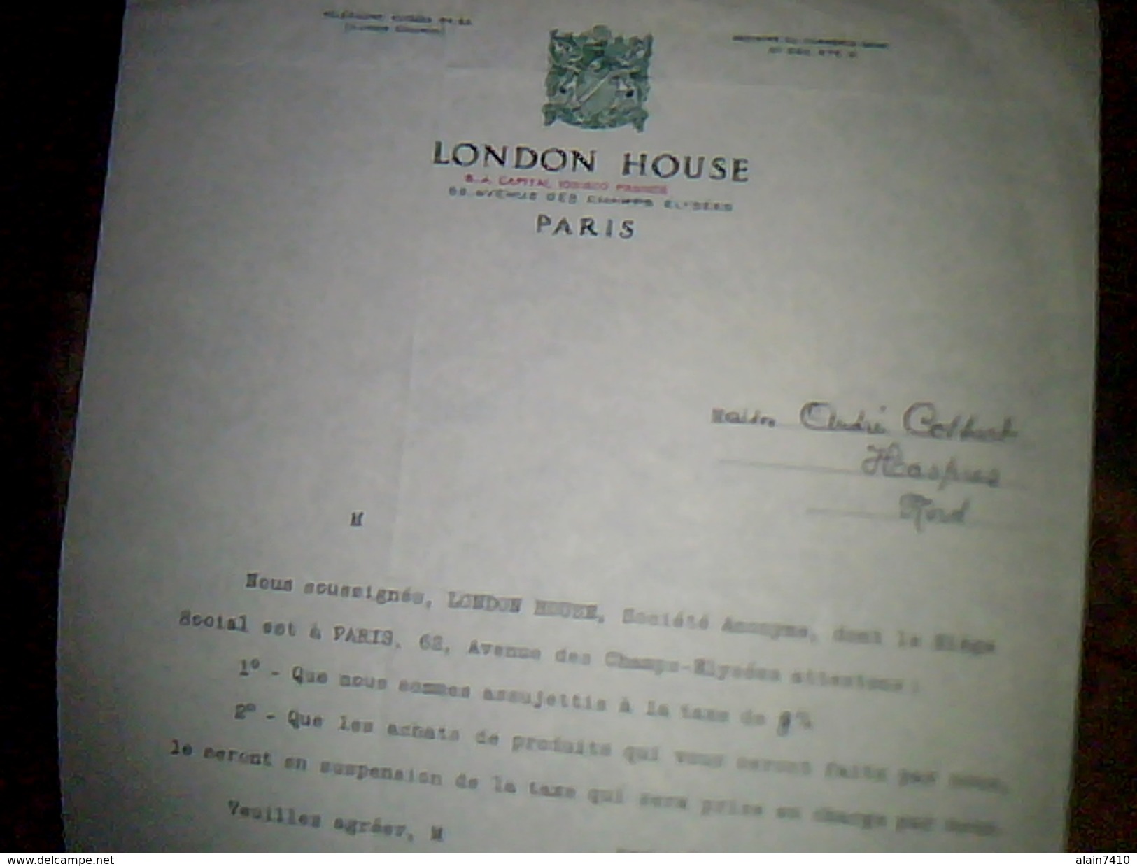 Document A Entete Assujetisement A La Taxe 8/100 London House Paris - Regno Unito