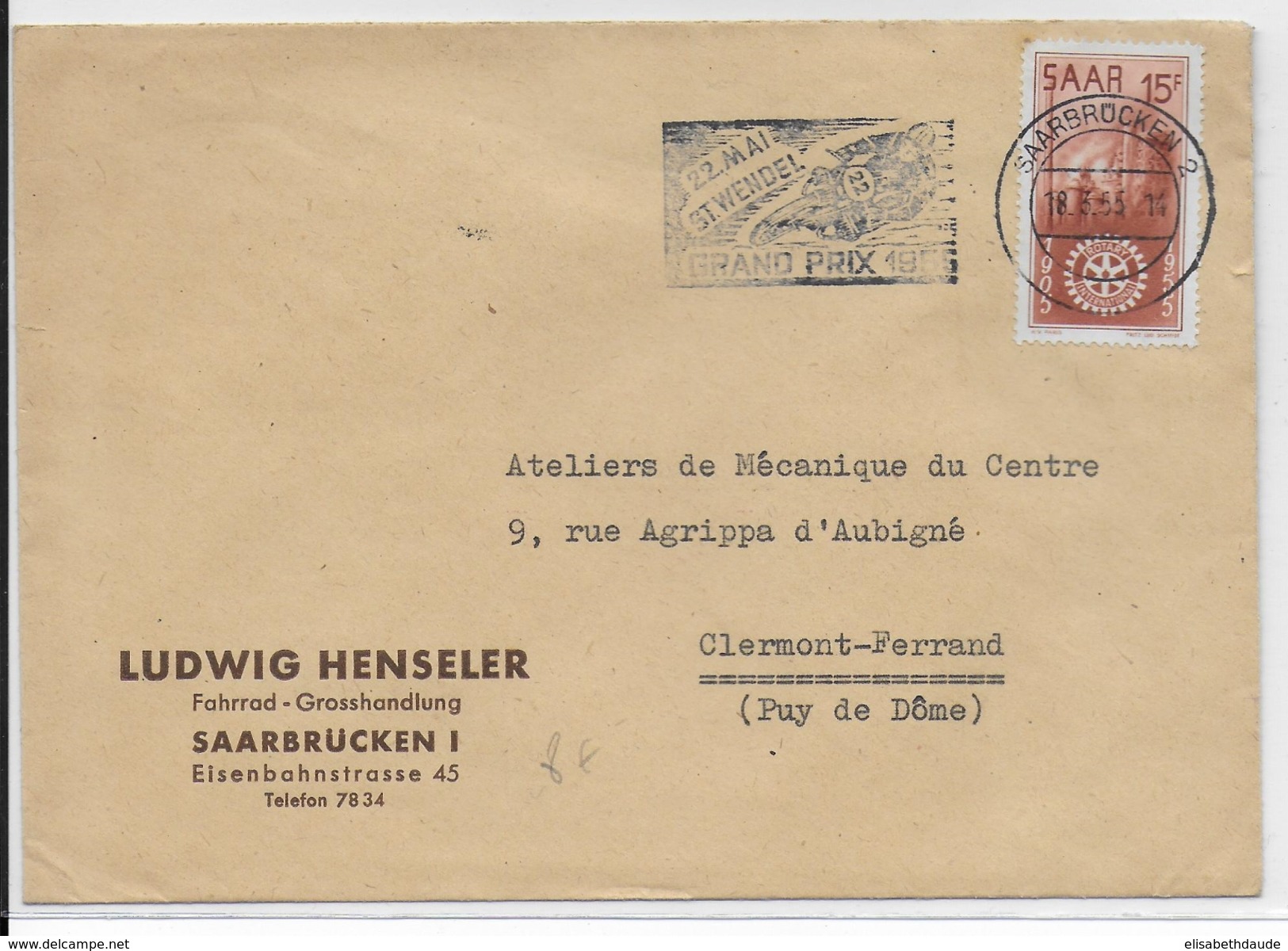 SAAR / SARRE - 1955 - ENVELOPPE COMMERCIALE De SAARBRÜCKEN Avec MECA GRAND PRIX MOTO De ST WENDEL - Briefe U. Dokumente