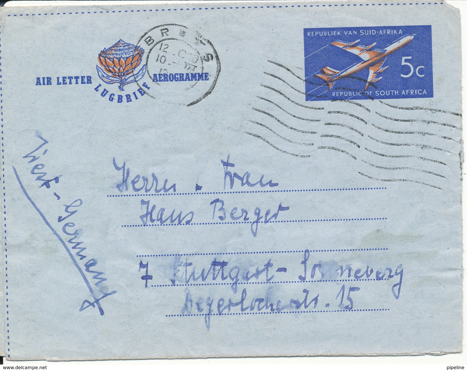 South Africa Aerogramme Sent To Germany Brits 10-3-1967 - Aéreo