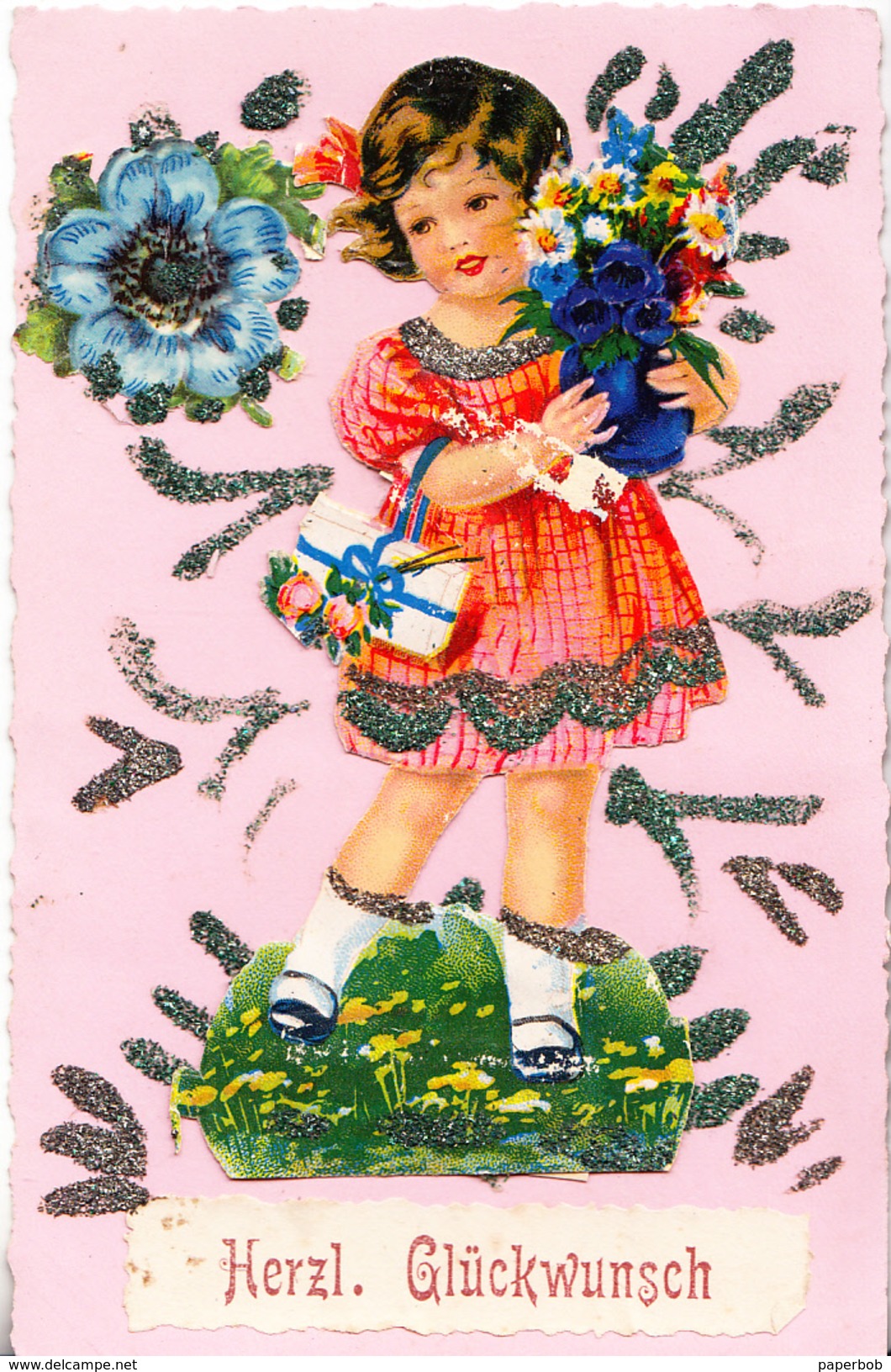 GIRL WITH FLOWERS, HANDMADE POSTCARD - Kinder