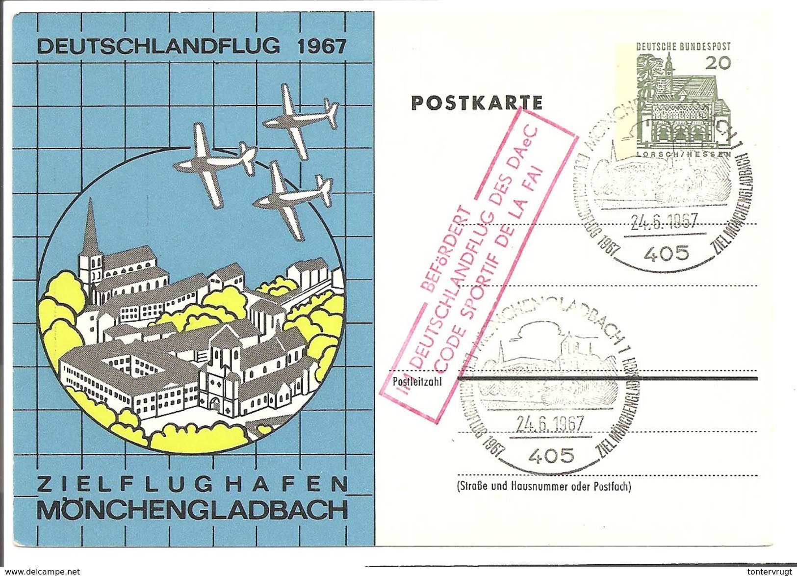 Deutschlandflug 1967. PP36/15. Mönchengladbach.Stpl Code Sportif De La FAI - Cartes Postales Privées - Oblitérées