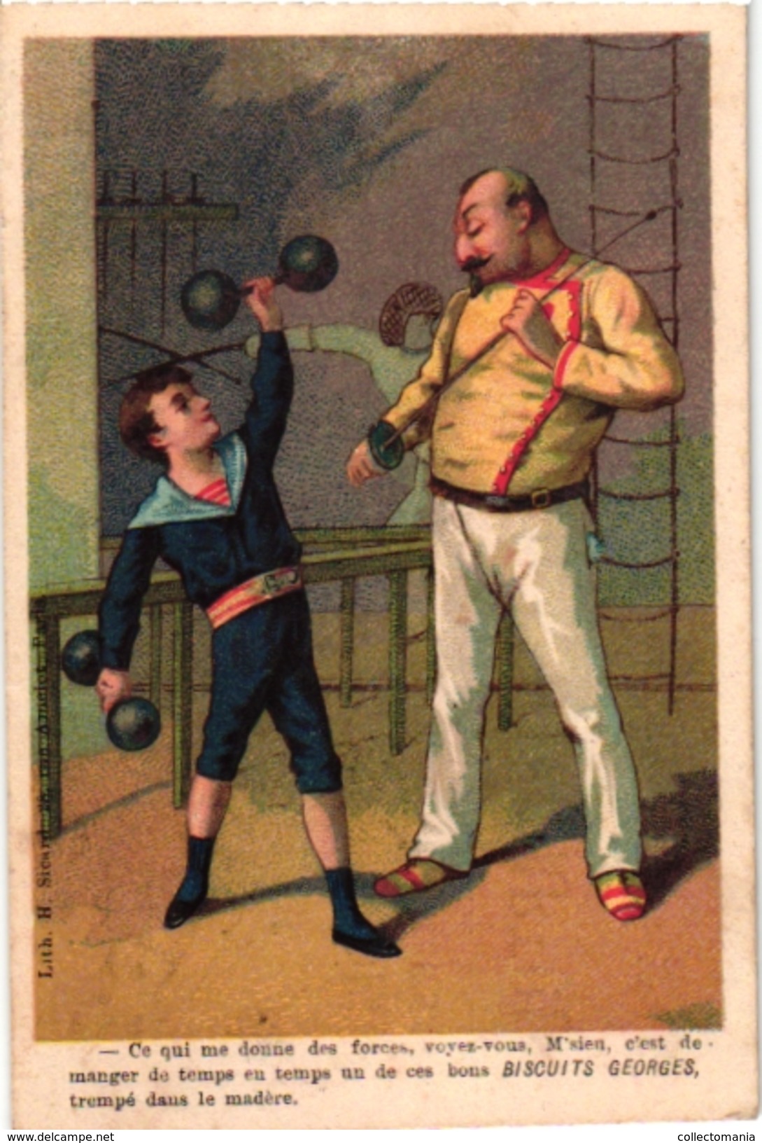 2 Cards C1895 Pub Biscuits Georges Litho Sicard Weight -Lifting HALTEROPHILIE Pub CHICOREE Cambrai Force Imp Laas - Autres & Non Classés