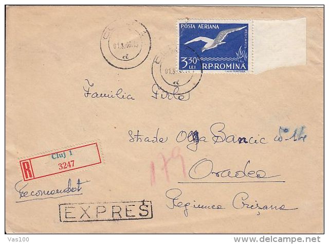 SEAGULL, STAMPS ON REGISTERED COVER, 1963, ROMANIA - Briefe U. Dokumente