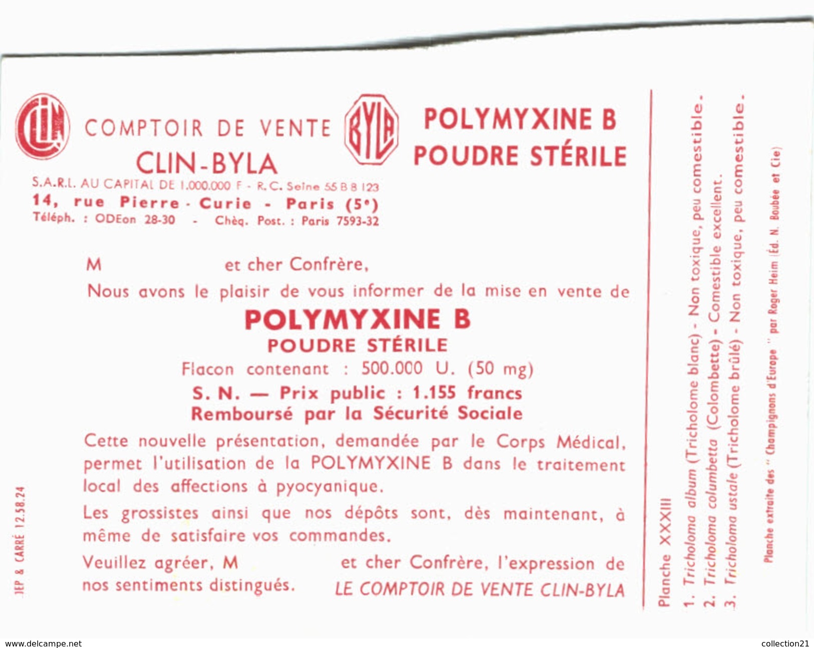 CHAMPIGNON ... PUBLICITE POLYMYXINE B ... TRICHOLOME ET COLOMBETTE - Mushrooms