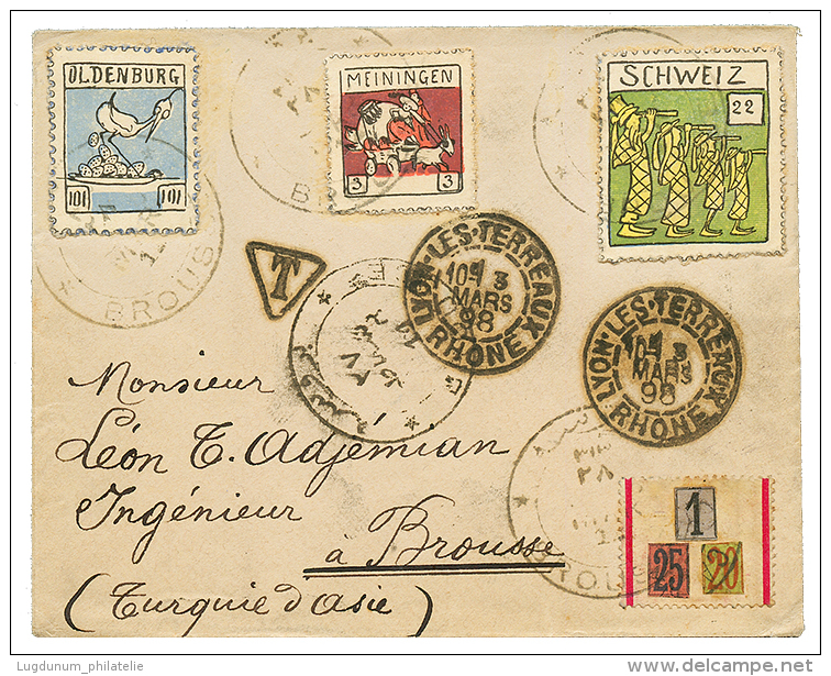 1898 CINDERELA Timbres Fantaisies SCHWEIZ + OLDENBURG Obl. Sur Enveloppe De LYON Pour BROUSSE (TURQUIE). Tr&eacute;s Rar - Other & Unclassified