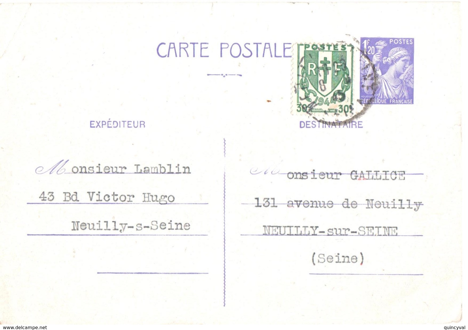 3809 NEUILLY Carte Postale Entier Iris 1,20 F Yv 651 CP1+ Chaînes Brisées 30 C  Yv 671 Ob 1945 - Briefe U. Dokumente