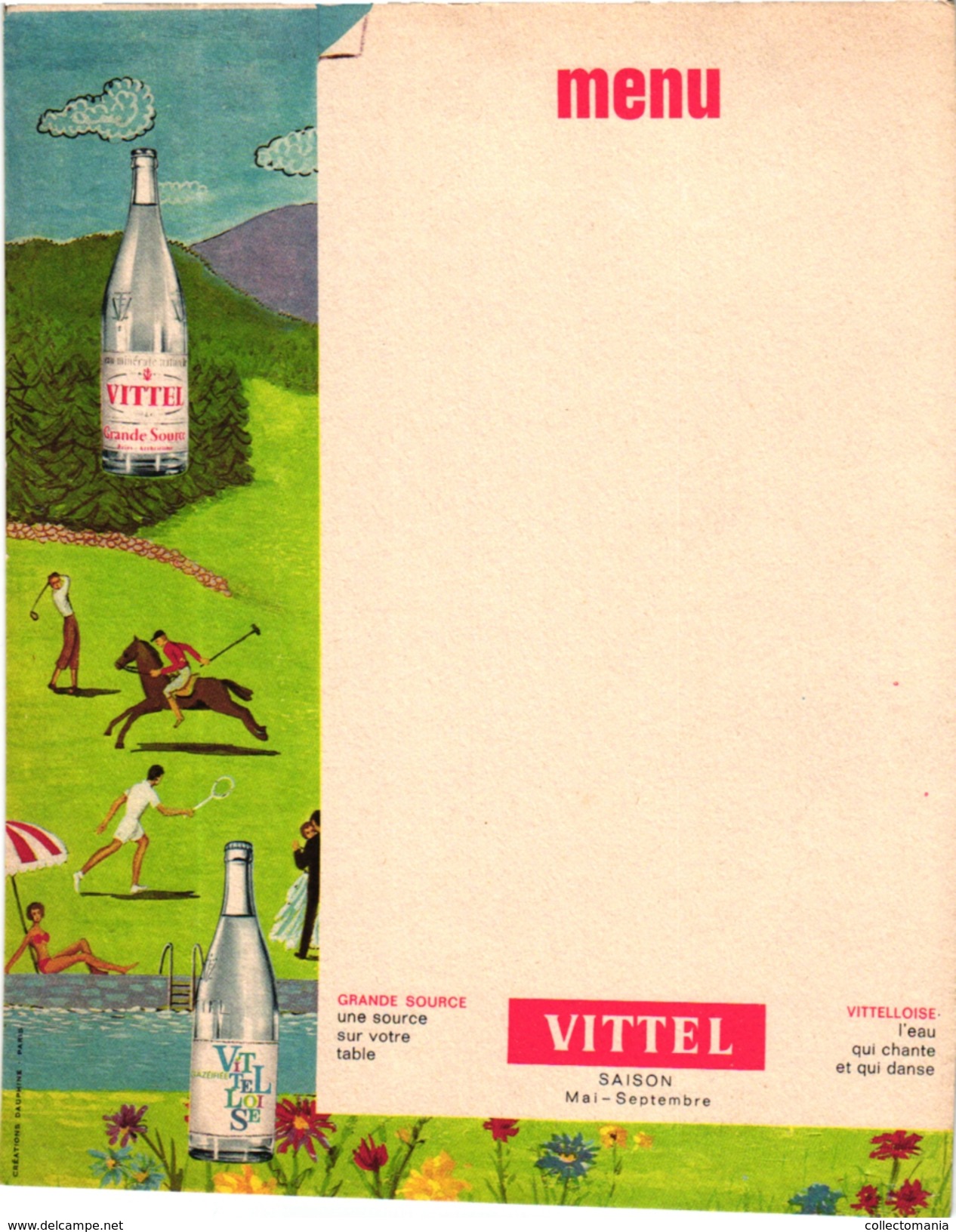 1 Menu Card  C1930 SPORT TENNIS Pub VITTEL  Mineral Water Grande Source Golf Hockey - Andere & Zonder Classificatie