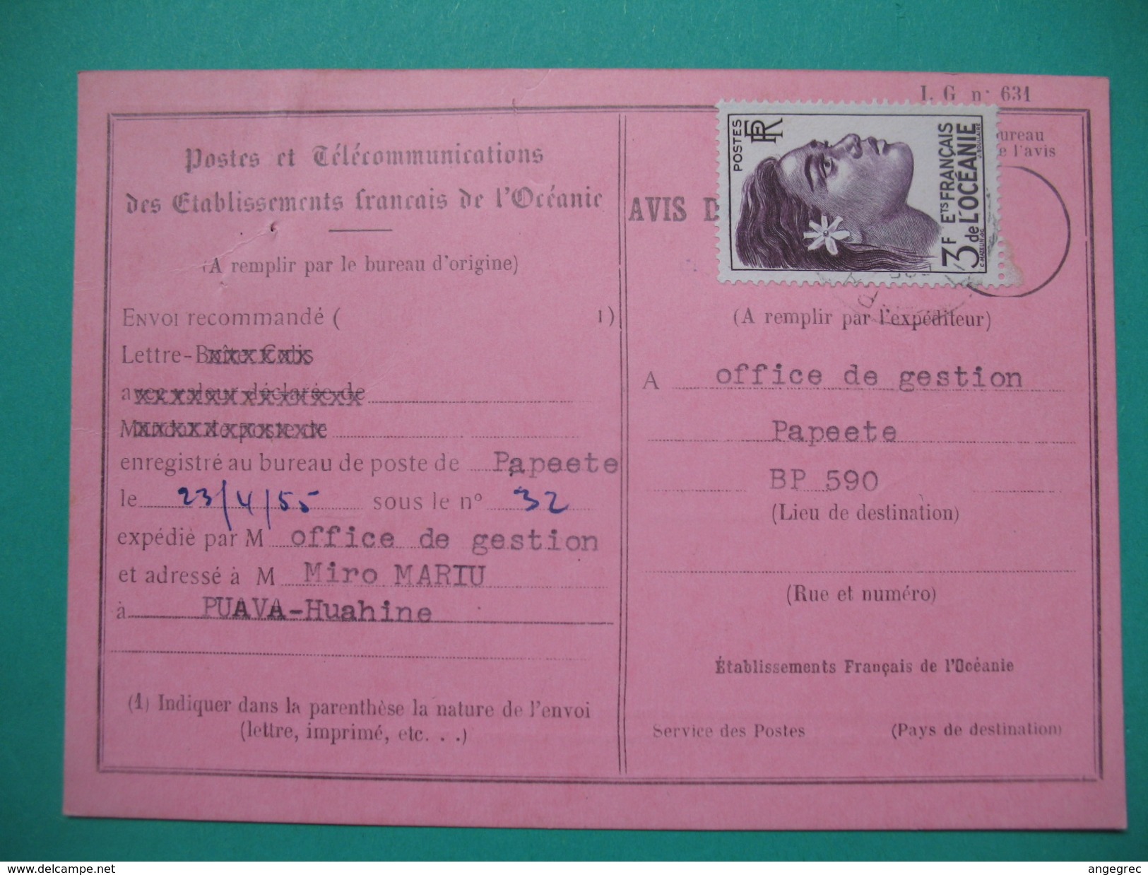 Océanie  Avis De Réception Recommandé De Papeete  à  Puava-Huahine - Lettres & Documents