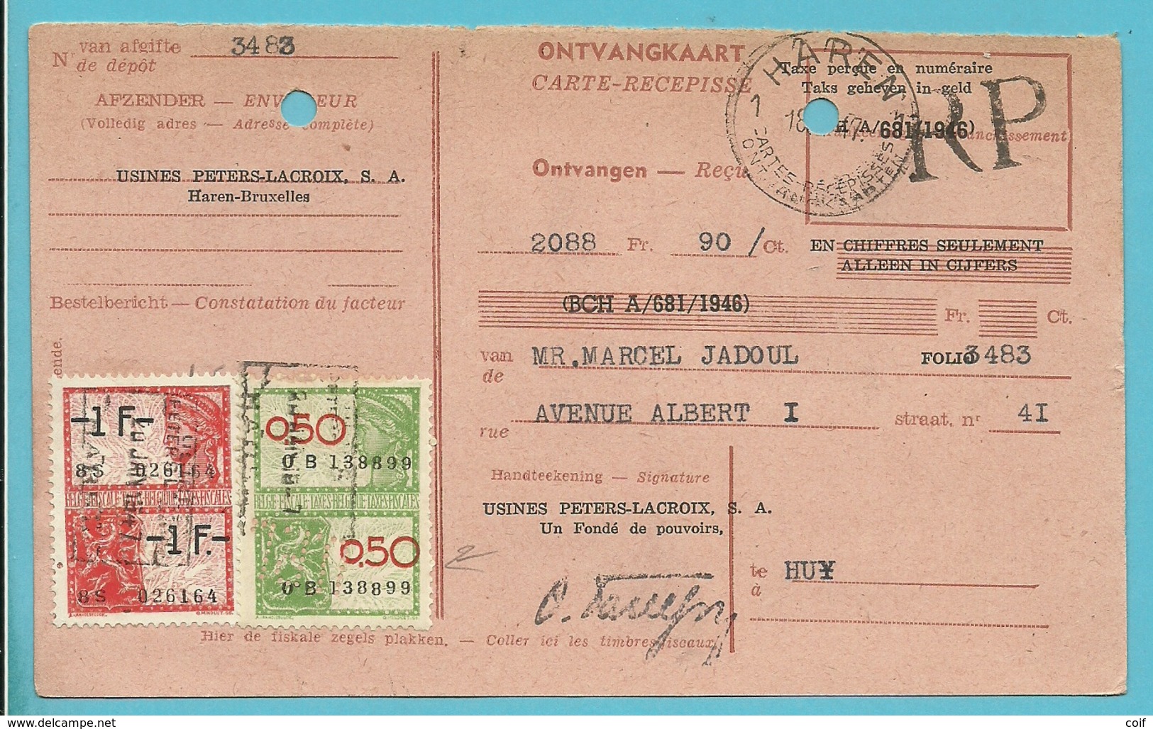 ONTVANGKAART Met Fiscale-zegel Met Firmaperforatie U.P.L. "Usines Peters-Lacroix Haren" - 1934-51