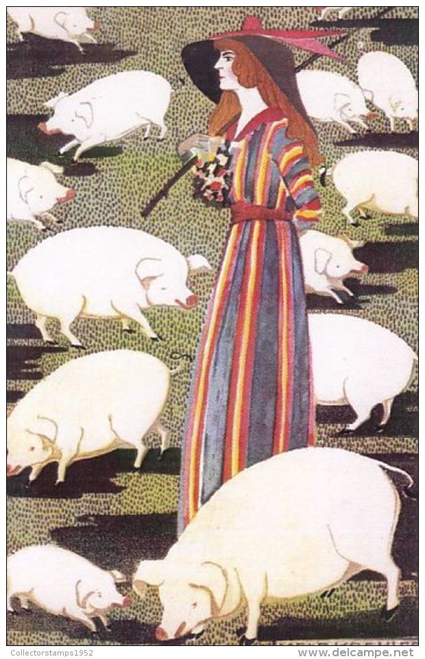 57061- MELA KOEHLER- WOMAN WITH PIG HERD, ILLUSTRATION, REPRINT - Koehler, Mela