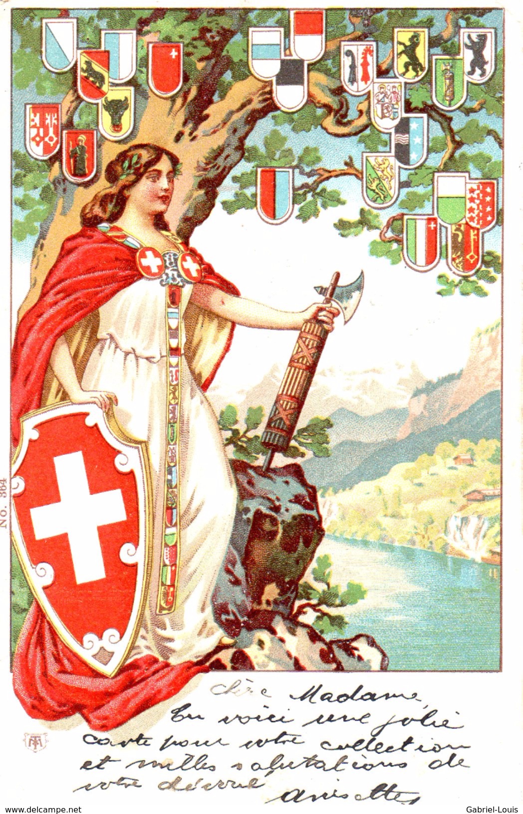 Suisse Helvétia Allégorie Avec Les Drapeaux Des Cantons / 1903 - St. Anton