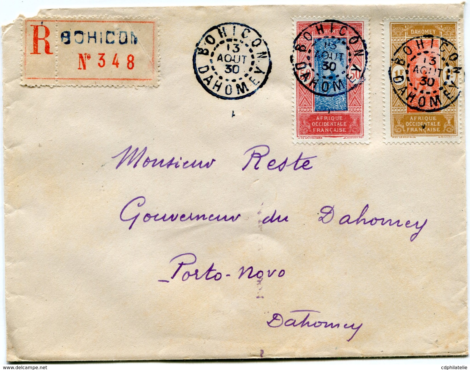 DAHOMEY LETTRE RECOMMANDEE DEPART BOHICON 13 AOUT 30 DAHOMEY POUR LE DAHOMEY - Storia Postale