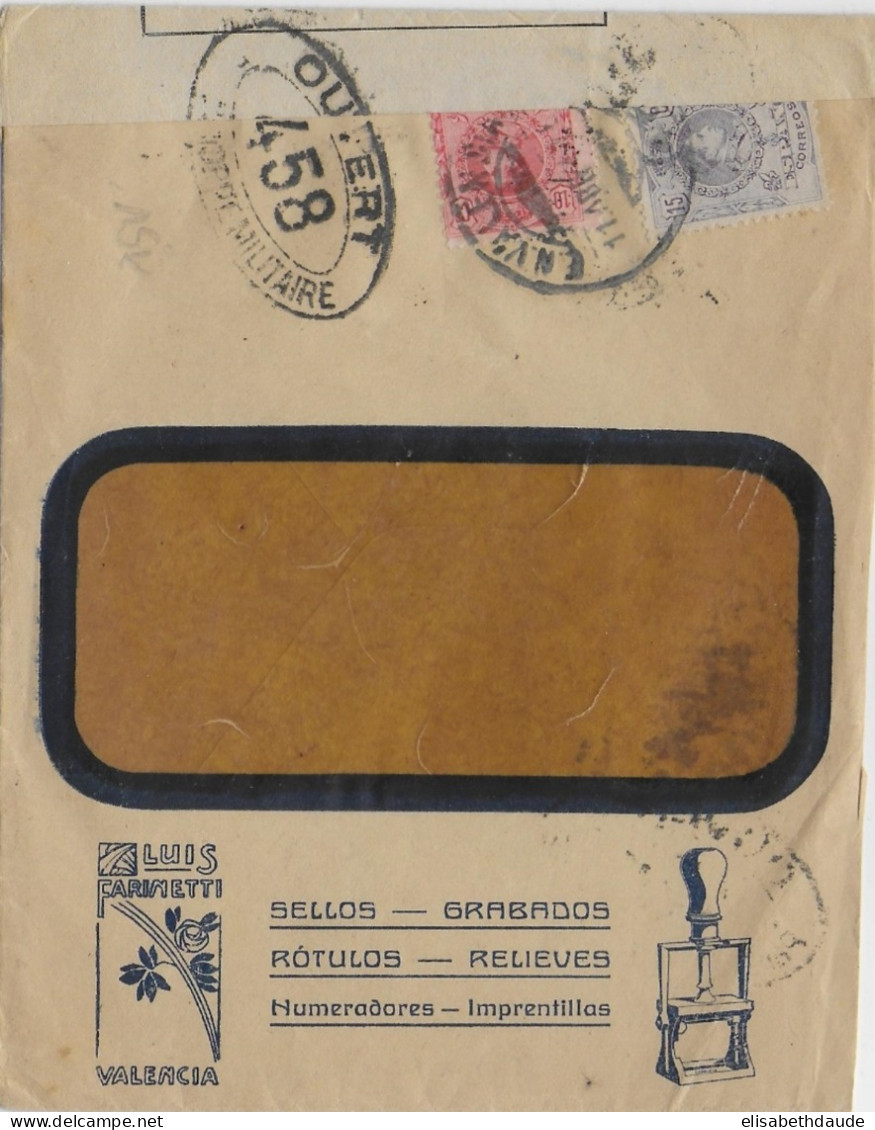 ESPAGNE - 1917 - ENVELOPPE PUB DECOREE De VALENCIA Avec CENSURE FRANCAISE N°458 - Briefe U. Dokumente