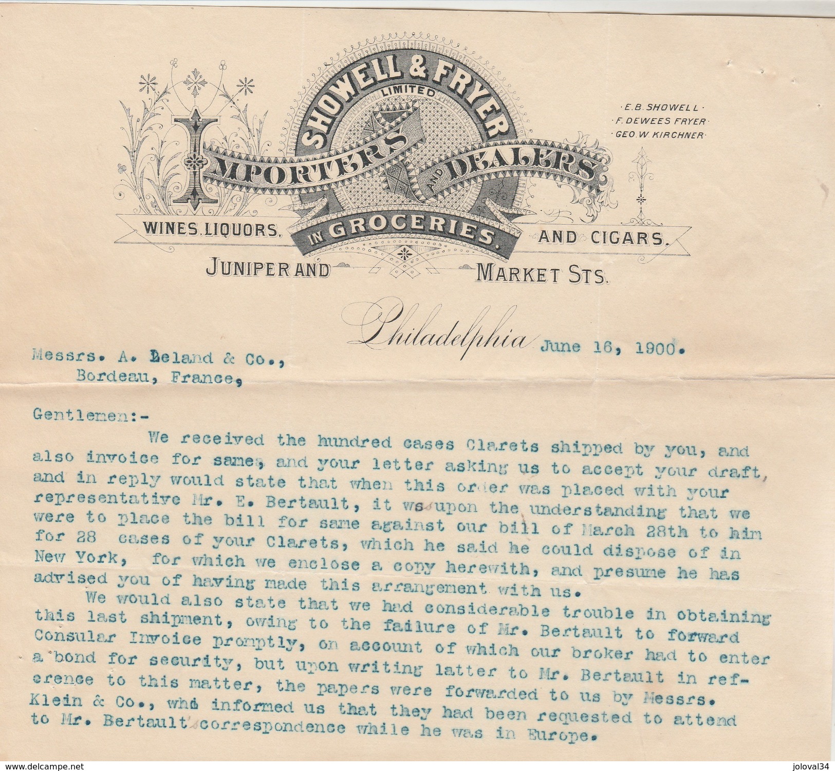 Lettre Illustrée 16/6/1900 SHOWELL & FRYER PHILADELPHIA USA - Wines Liquors And Cigars - Estados Unidos