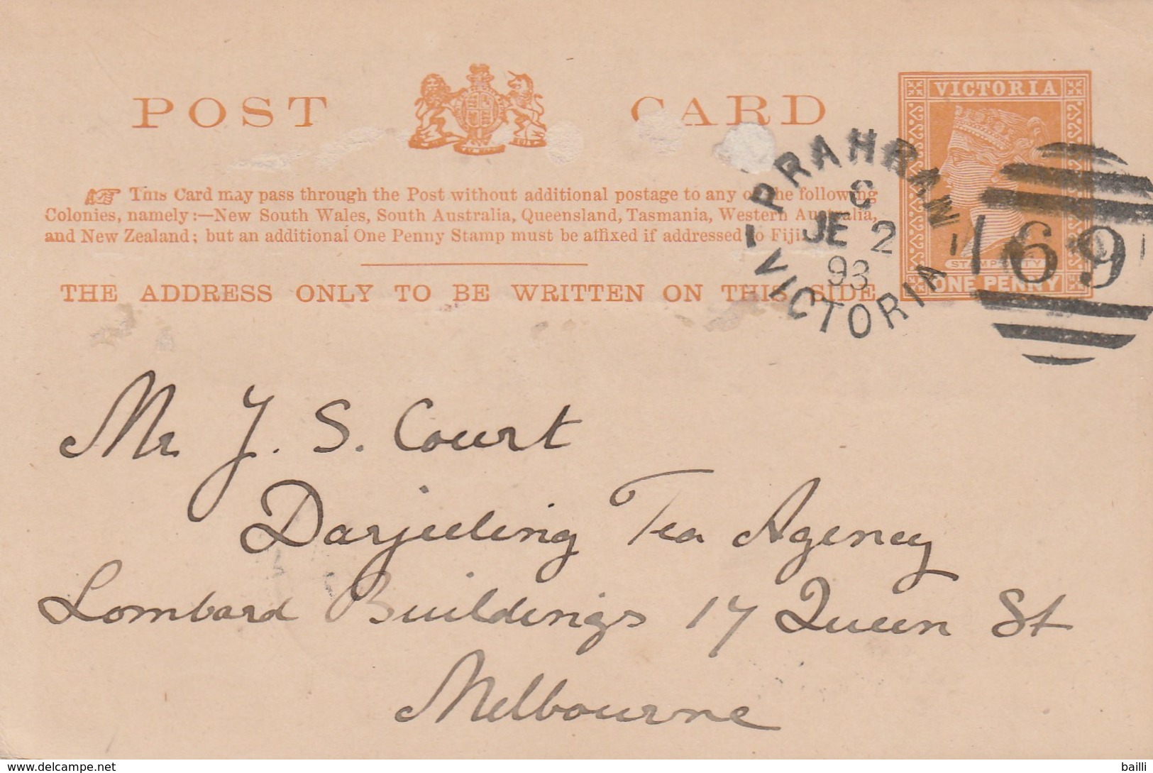 Victoria Entier Postal Prahran 1893 - Lettres & Documents