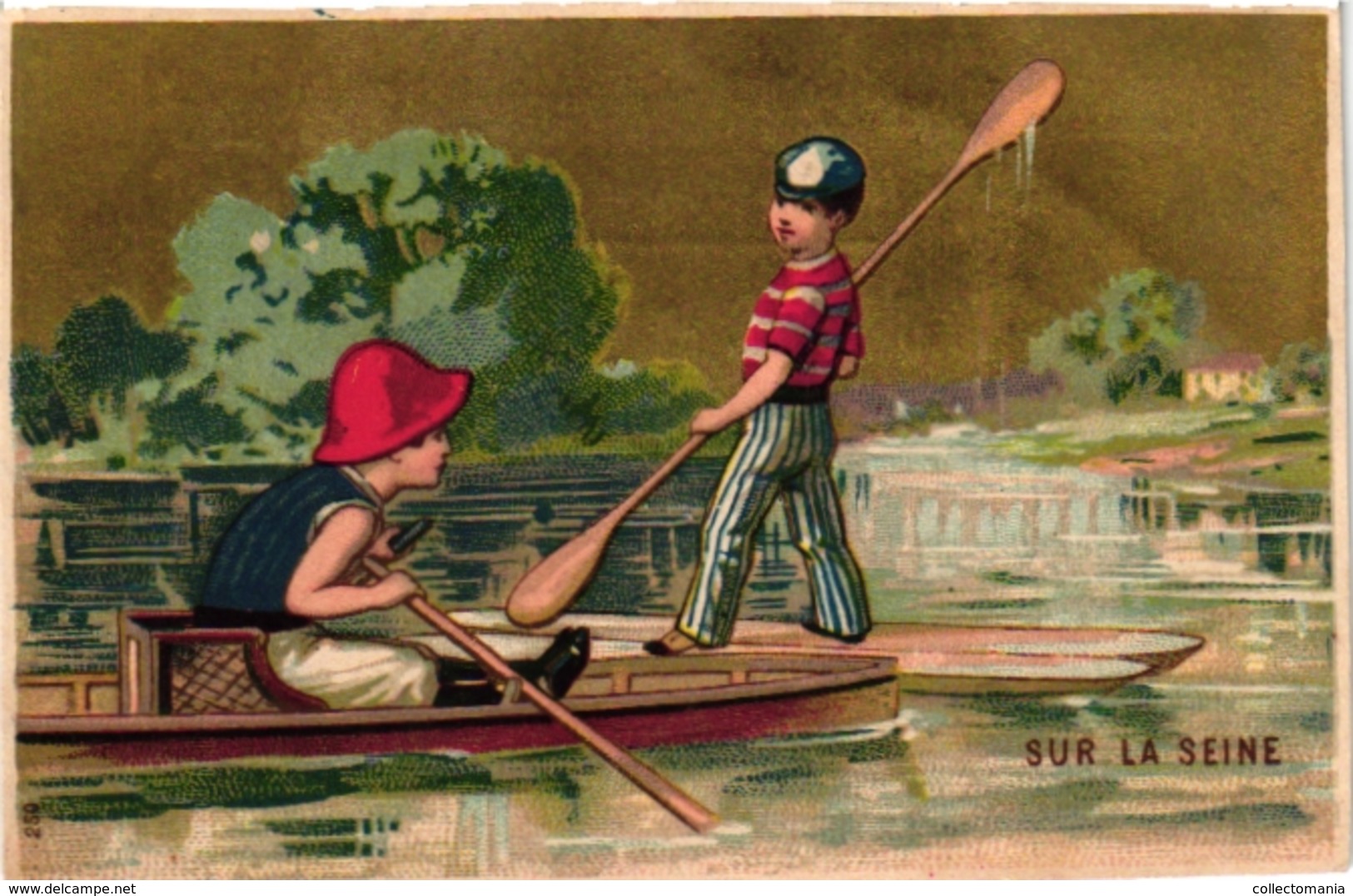 4 Trade Cards Chromo  Rowing Canot Regatta Skiff Sculling Pub Orléans Choc Ibled Chevalier Paris Imprimeur  APPEL C1890 - Rowing