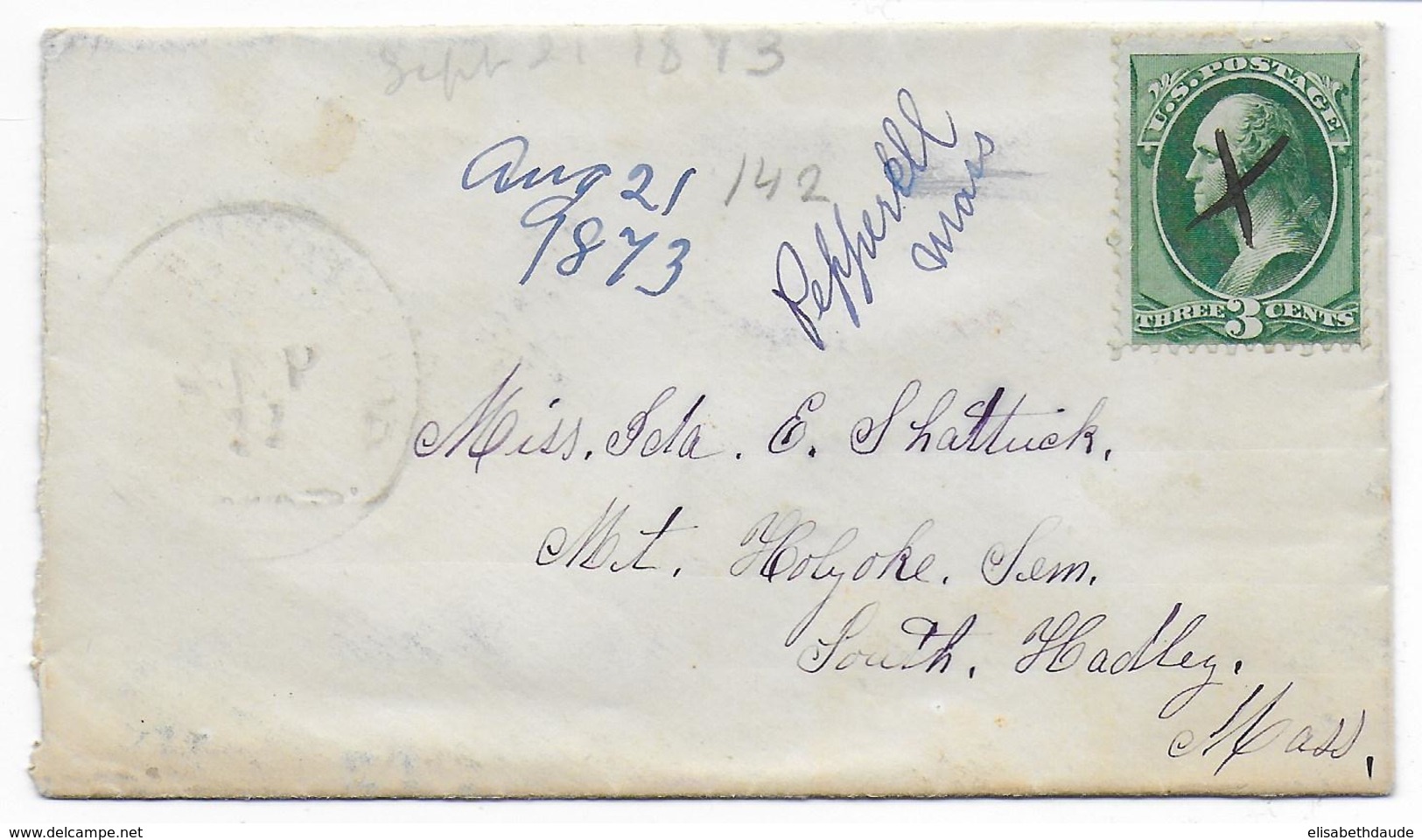 ETATS-UNIS - 1873 - YVERT N°41 ANNULE à La PLUME Sur ENVELOPPE De PEPPERELL (MASS.) - Poststempel