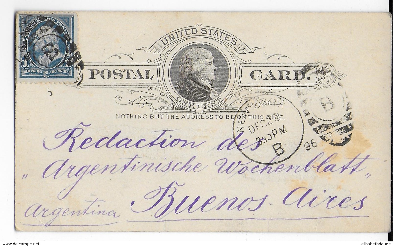 ETATS-UNIS - 1896 - YVERT N°97 Ou 110 Sur CARTE ENTIER POSTAL De NEW-YORK => BUENOS AIRES (ARGENTINE) - DESTINATION - Briefe U. Dokumente