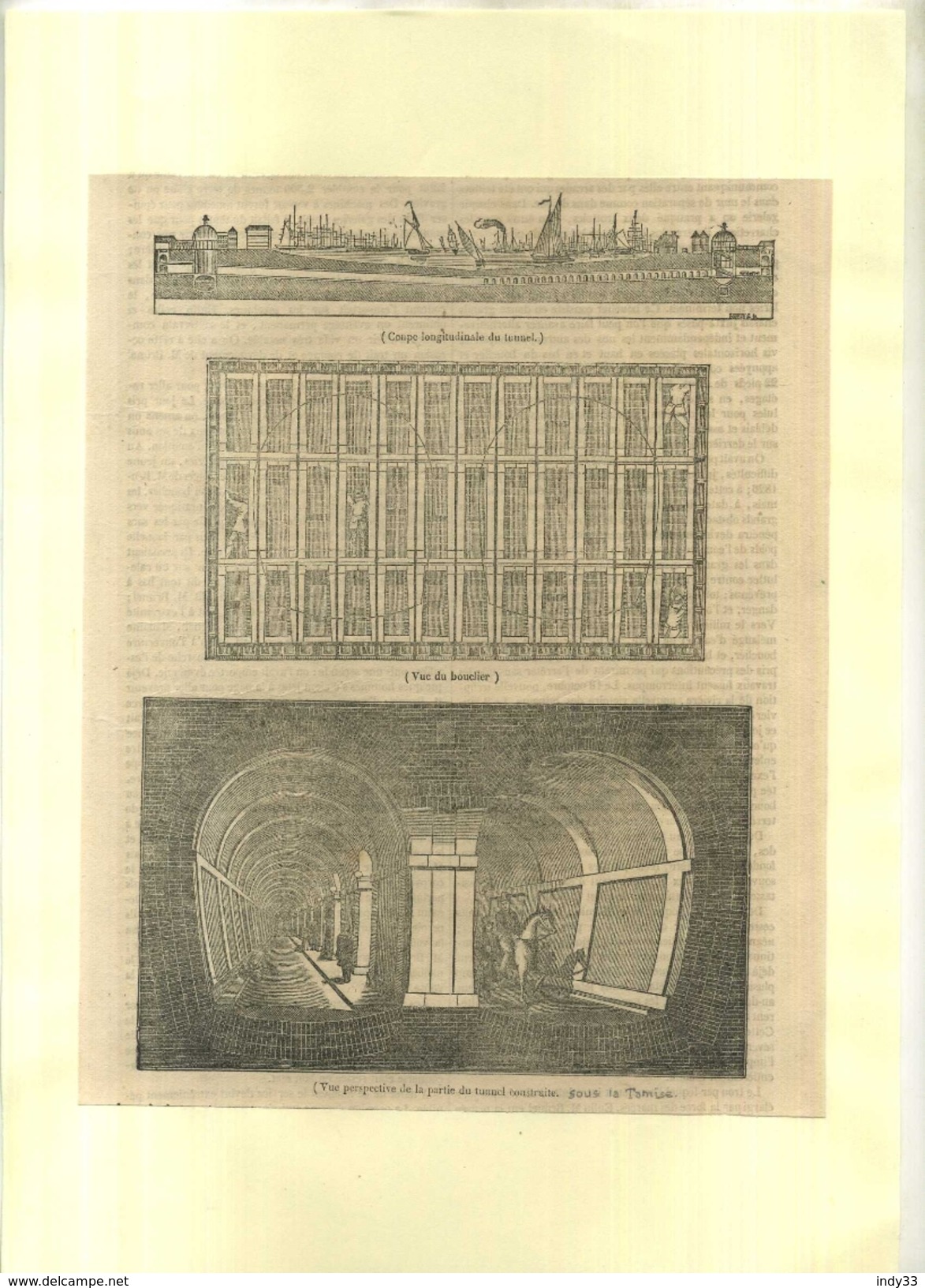 LONDRES . COUPE ET ELEVATION DU TUNNEL SOUS LA TAMISE . GRAVURE SUR BOIS XIXeS. DECOUPEE ET COLLEE SUR PAPIER . - Publieke Werken