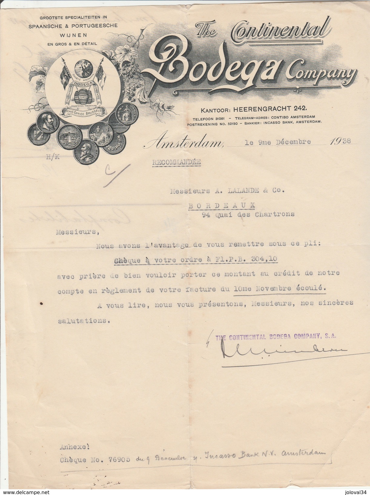 Lettre Illustrée 9/12/1938 The Continental BODEGA Company AMSTERDAM Pays Bas - Vin Espagnol Et Portugais - Pays-Bas