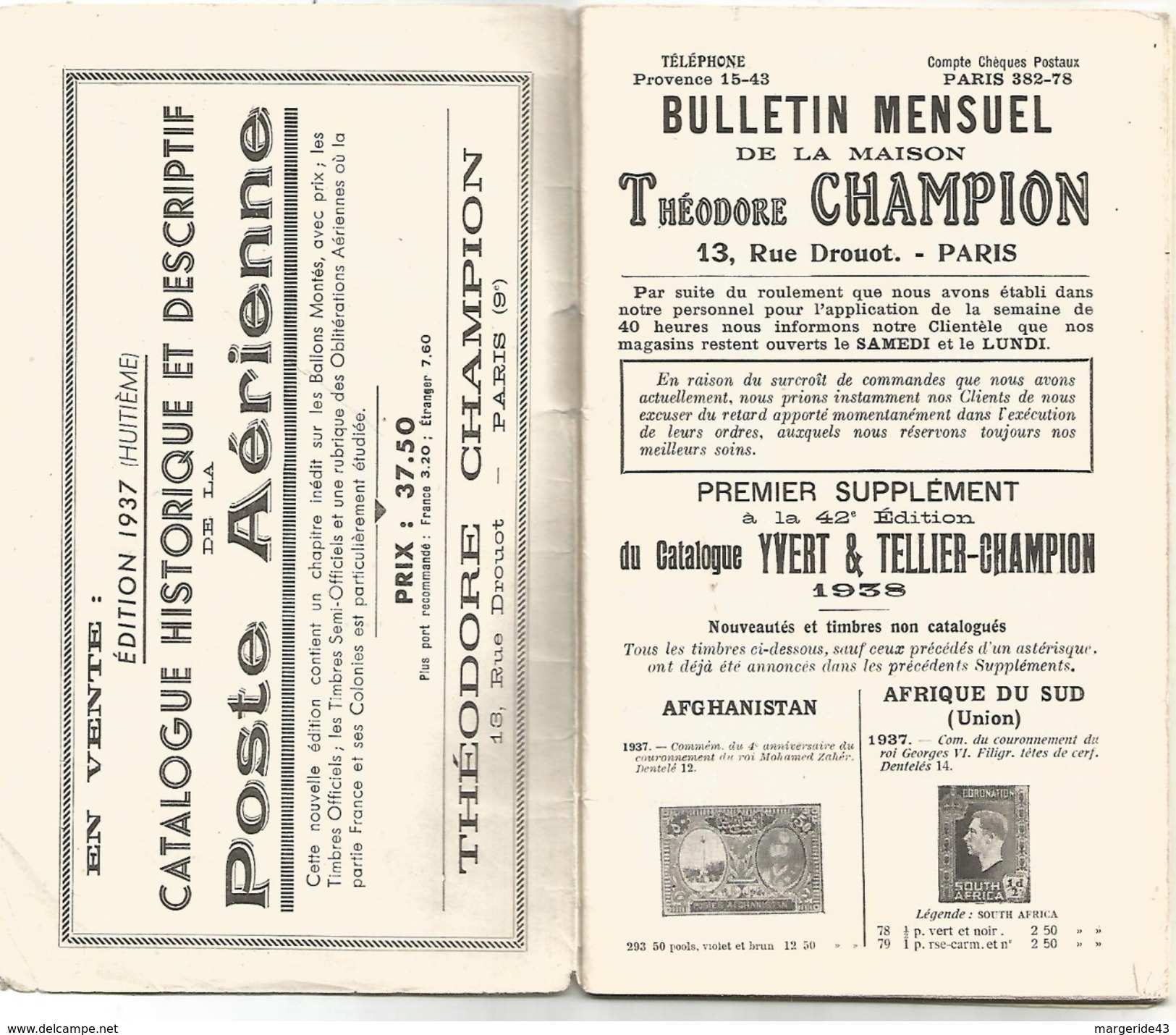 BULLETIN MENSUEL THEODORE CHAMPION - SEPTEMBRE 1937 - Catalogues De Maisons De Vente