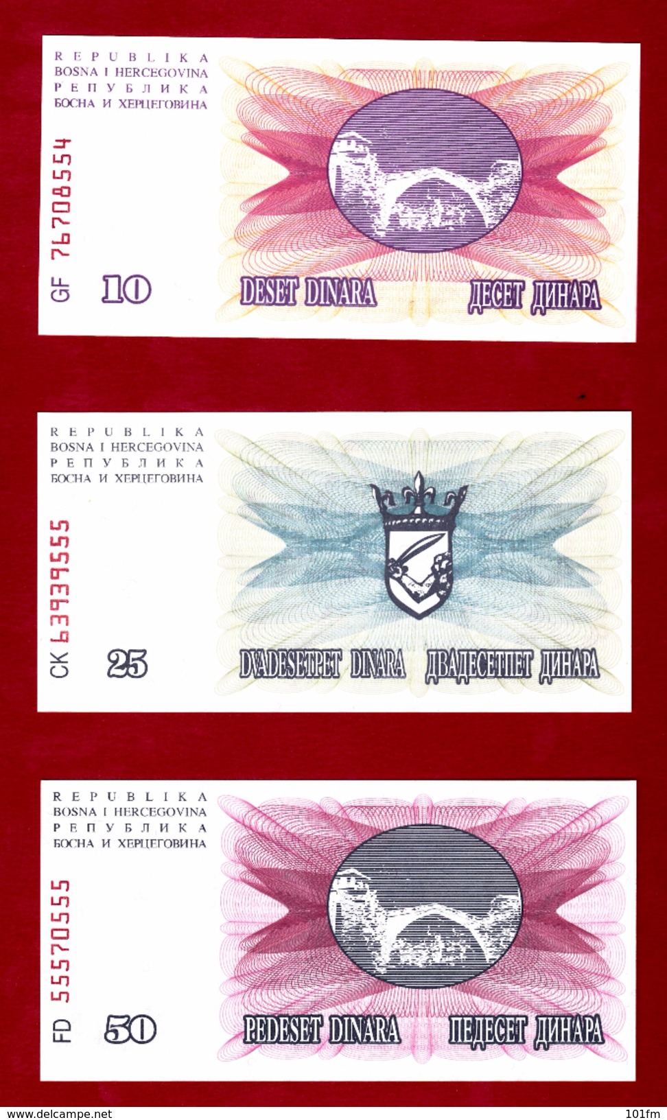 Bosna I Hercegovina , Lot 3 Pcs 10, 25 & 50 Dinara 1992 - Bosnie-Herzegovine