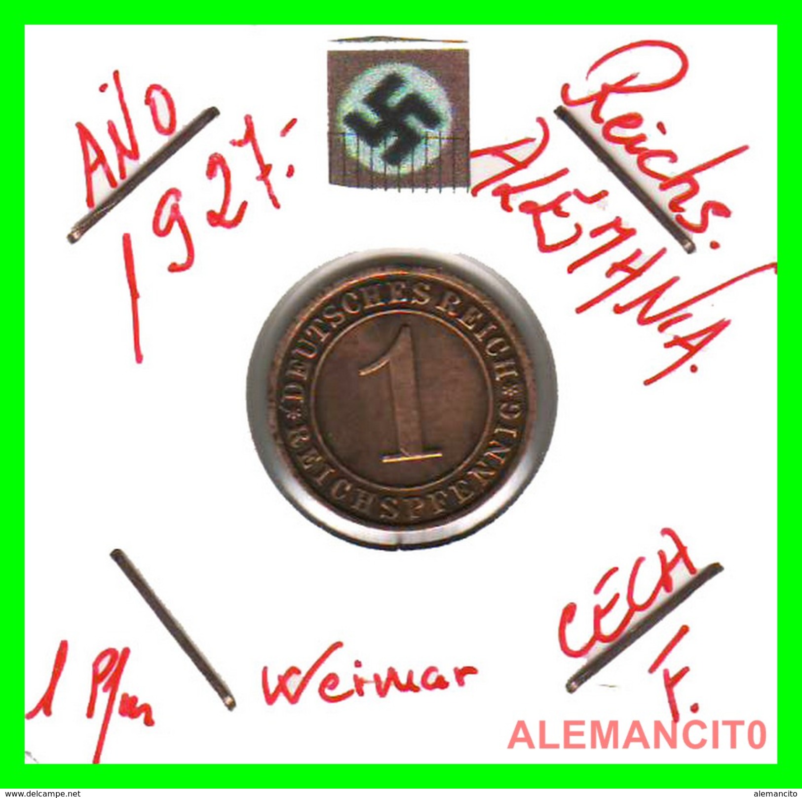 GERMANY  -   MONEDA  DE  1- REICHSPFENNIG  AÑO 1927 F   Bronze - 1 Renten- & 1 Reichspfennig