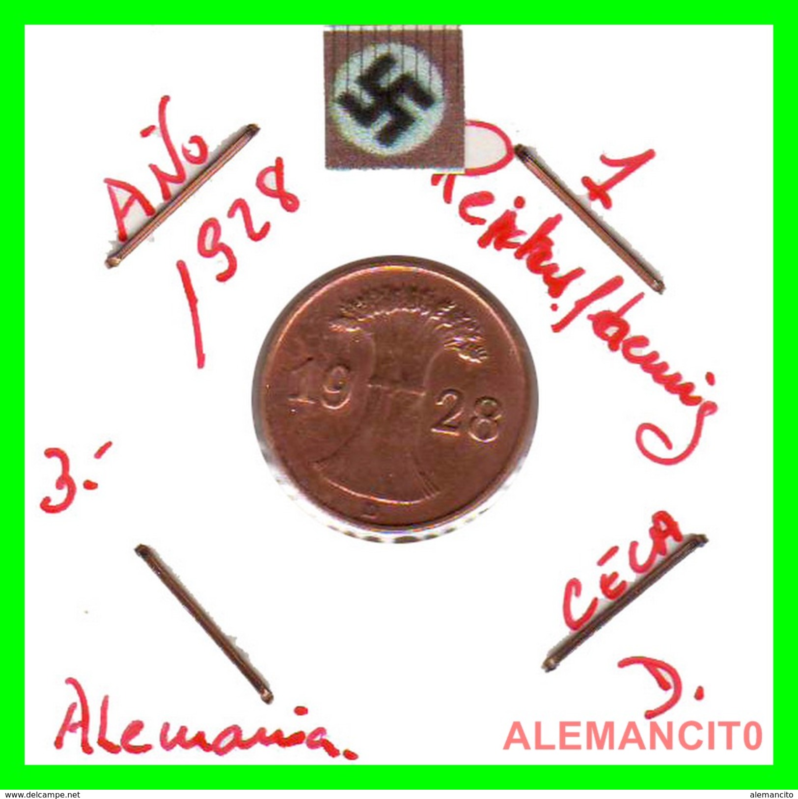 GERMANY  -   MONEDA  DE  1- REICHSPFENNIG  AÑO 1928 D   Bronze - 1 Renten- & 1 Reichspfennig