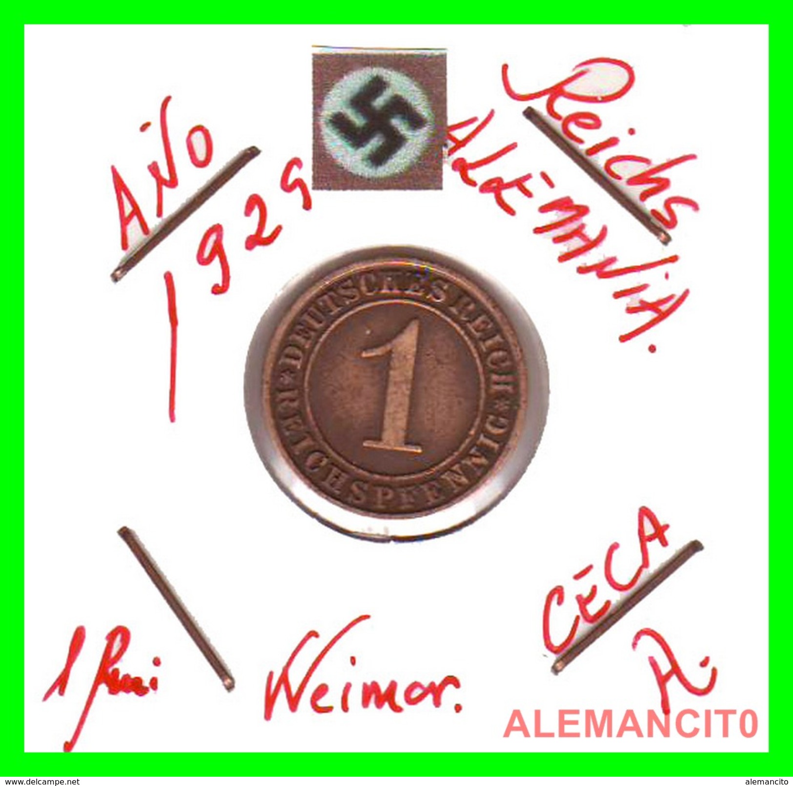 GERMANY  -   MONEDA  DE  1- REICHSPFENNIG  AÑO 1929 A   Bronze - 1 Renten- & 1 Reichspfennig