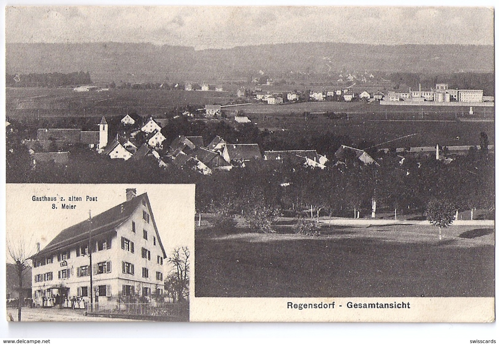 REGENSDORF: 2-Bild-AK Gasthaus Z. Alten Post, Dorfansicht Mit Fabrik 1916 - Dorf