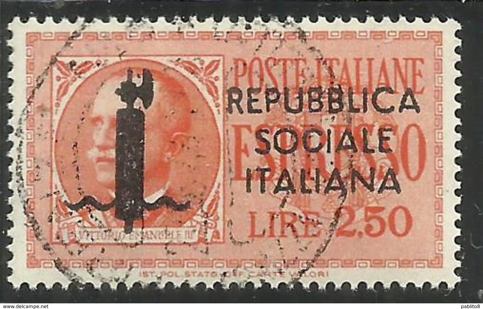 ITALIA REGNO ITALY KINGDOM 1944 RSI ESPRESSI FASCIO EFFIGIE VITTORIO EMANUELE ESPRESSO SPECIAL DELIVERY LIRE 2,50 USATO - Eilsendung (Eilpost)