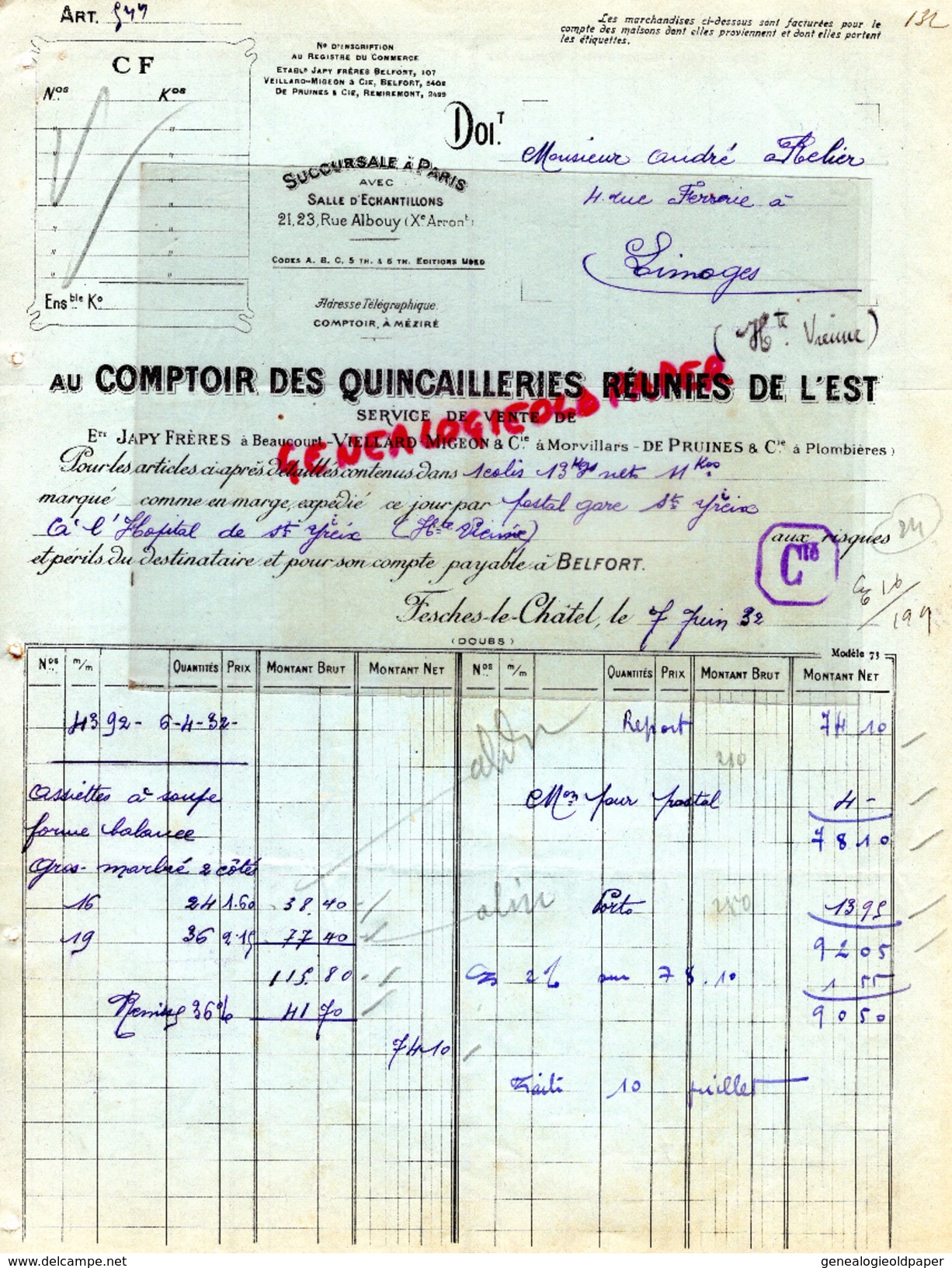 25 - FESCHES LE CHATEL- FACTURE AU COMPTOIR QUINCAILLERIES REUNIES DE L' EST- JAPY A BEAUCOURT-VIELLARD MIGEON-1932 - 1900 – 1949