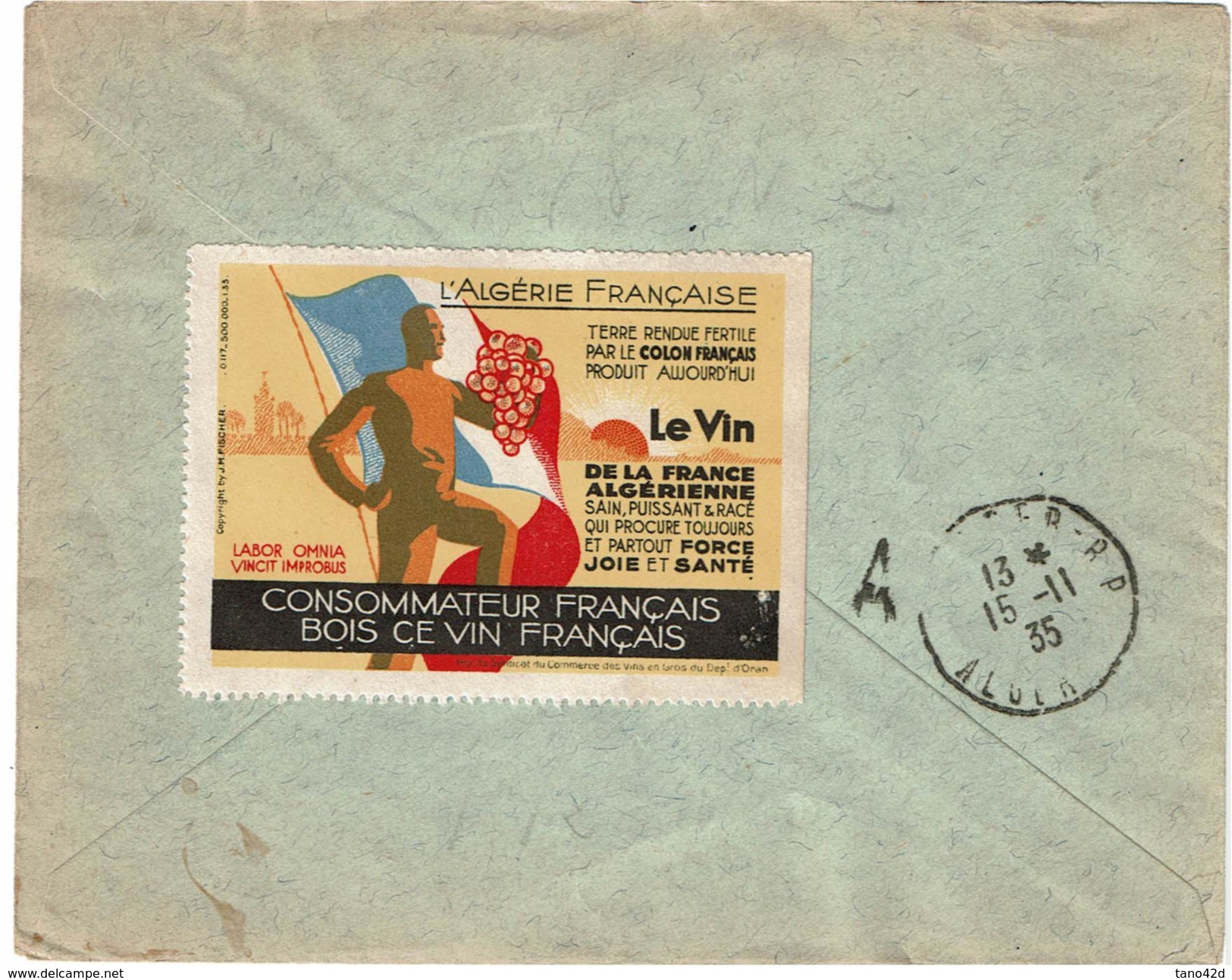 LMON1 - ALGERIE RECOMMANDEE  BONE-ALGER 14/11/1935 AU VERSO ETIQUETTE PUBLICITAIRE SUR LE VIN - Airmail