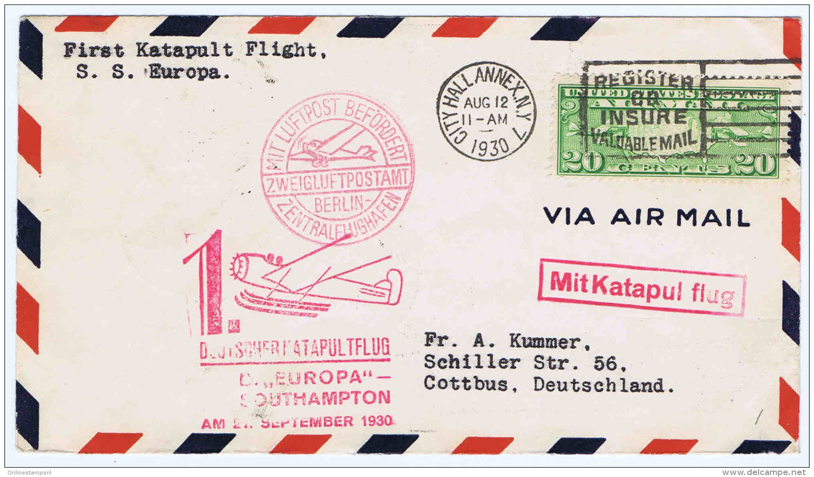 USA 1930 First Catapult Flight SS Europa  Cover  Graue/Leder K48 Katapultflug Via Southampton Signed - 1c. 1918-1940 Briefe U. Dokumente