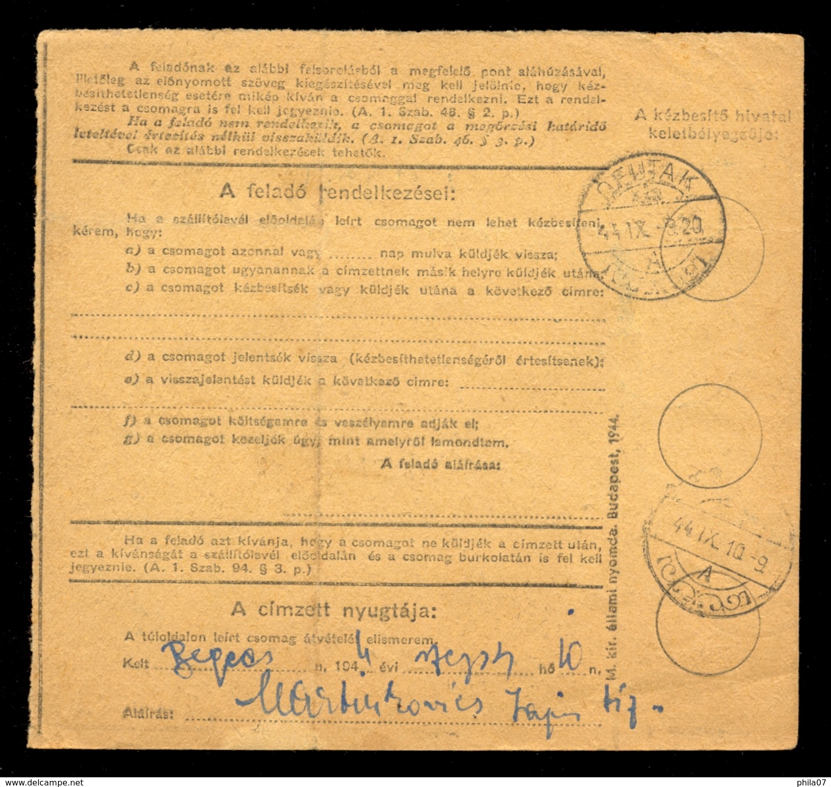 Hungary - Parcel Card Sent From Nagylak To Begecs (Ofutak) 1944 / 2 Scans - Pacchi Postali