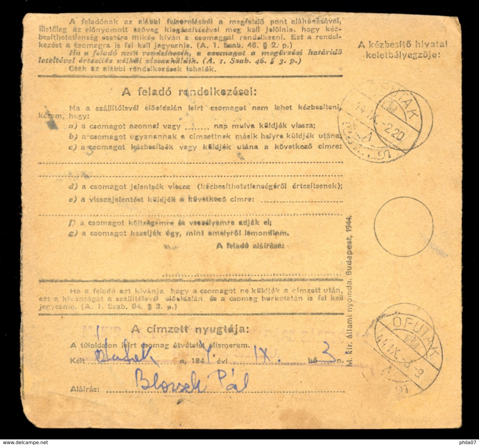 Hungary - Parcel Card Sent From Bajsa To Ofutak 1944 / 2 Scans - Paketmarken