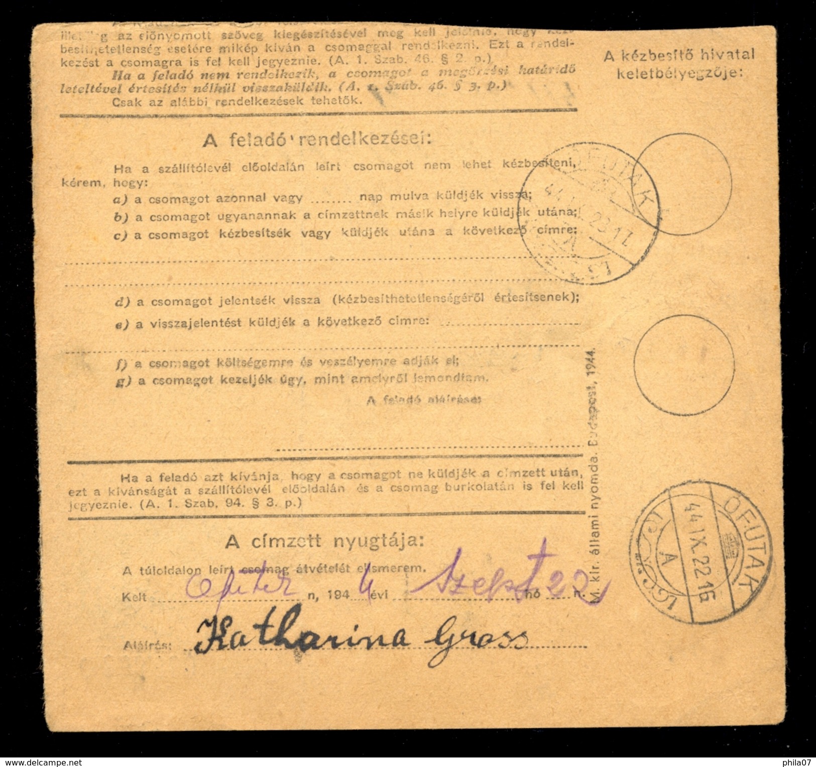 Hungary - Parcel Card Sent From Titel To Ofutak 1944 / 2 Scans - Paketmarken