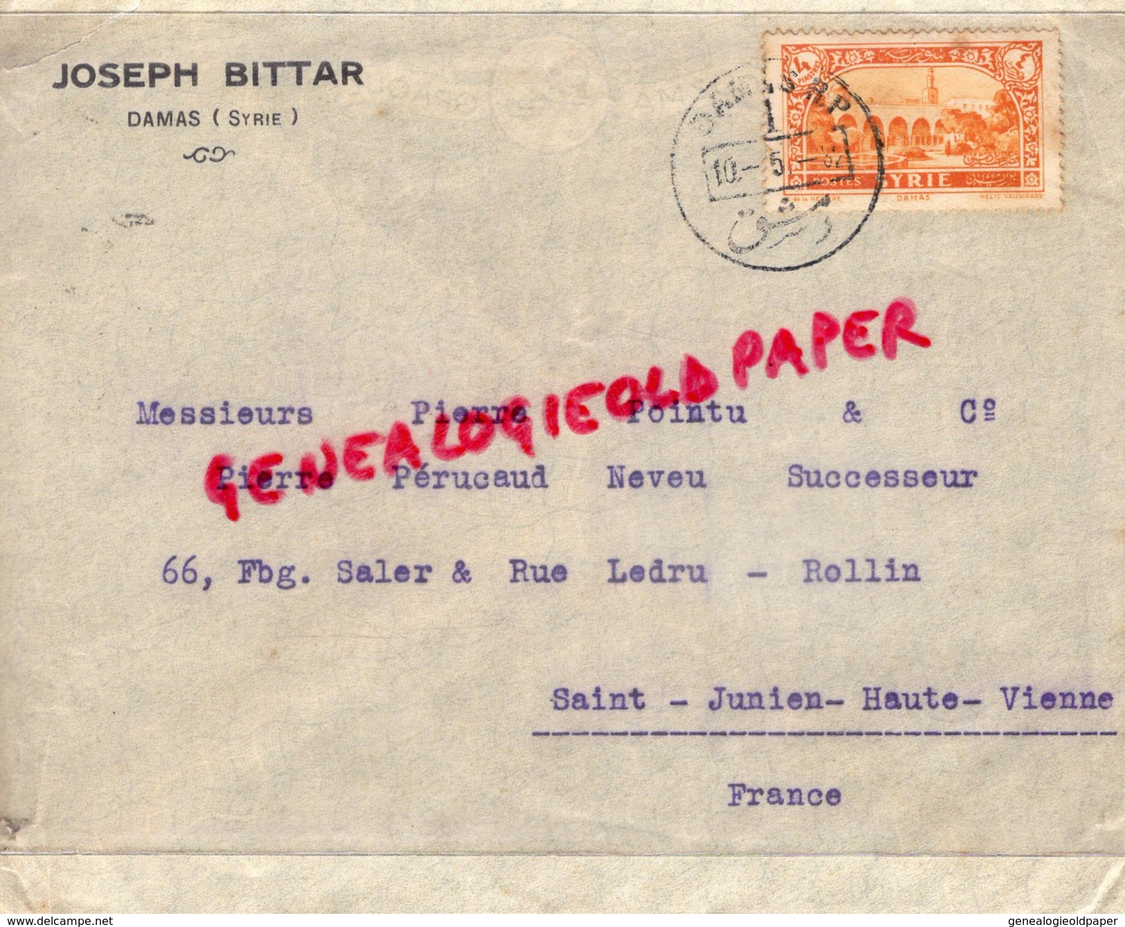 SYRIE - DAMAS- ENVELOPPE JOSEPH BITTAR- 1932- A PIERRE POINTU E PIERRE PERUCAUD  MEGISSERIE ST SAINT JUNIEN- GANTERIE - Autres & Non Classés