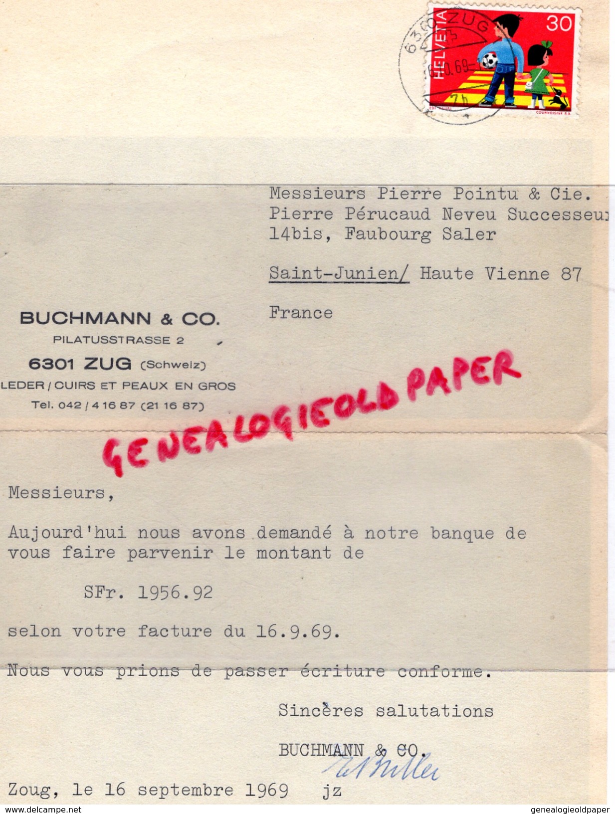 SUISSE-LETTRE BUCHMANN - PILATUSSTRASSE 2- ZUG- PIERRE POINTU E PIERRE PERUCAUD  MEGISSERIE SAINT JUNIEN- GANTERIE- 1969 - Suisse