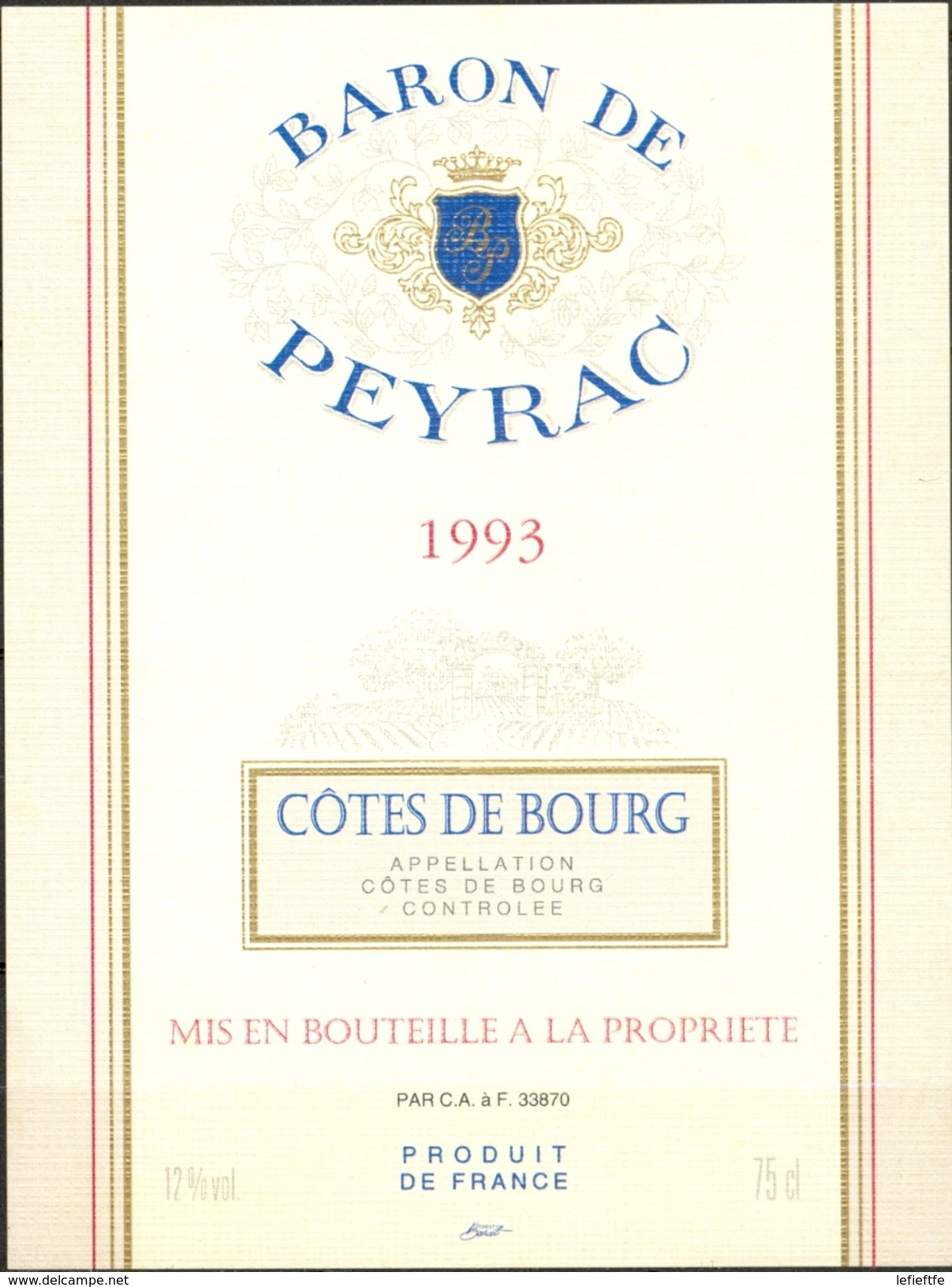 585 - France - 1993 - Côtes De Bourg - Baron De Peyrac - Par C.A. à F 33870 - Red Wines