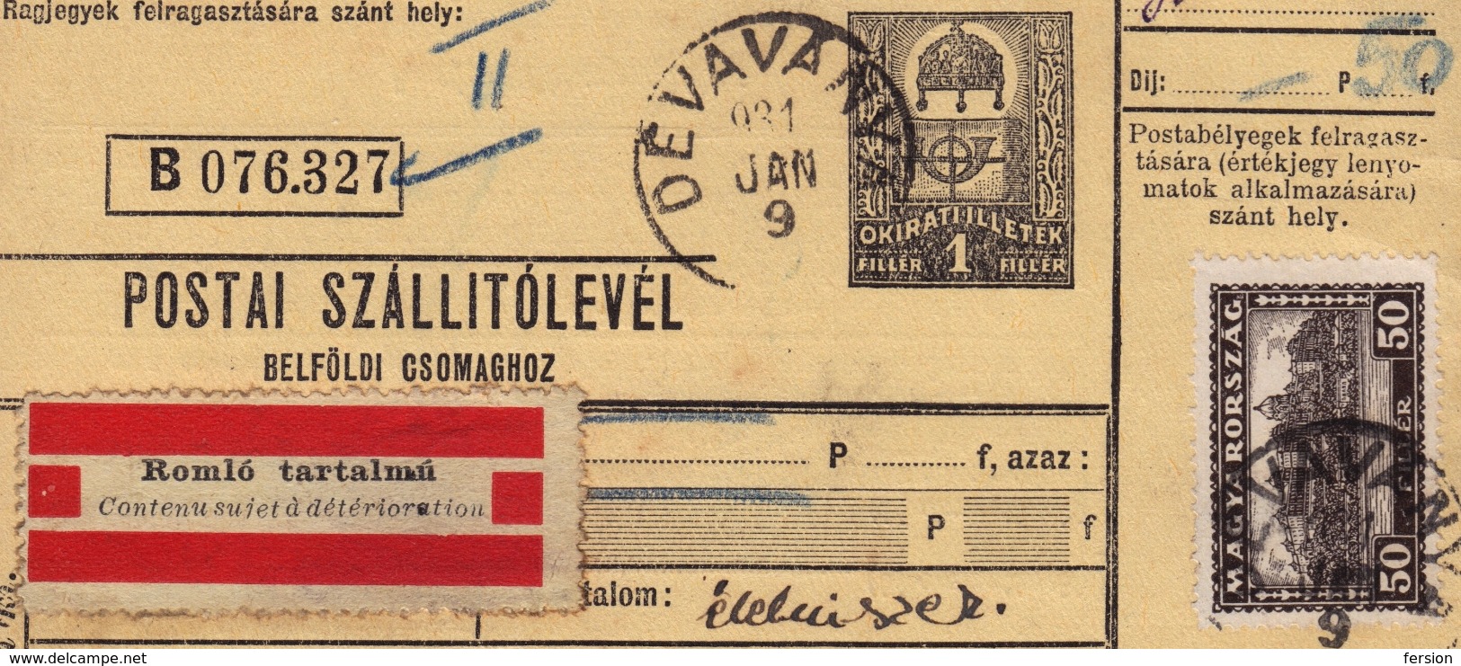 1931 HUNGARY Delivery Note Packet Form Postal Parcel Stationery Revenue Sujet Détérioration FOOD Vignette Label - Colis Postaux
