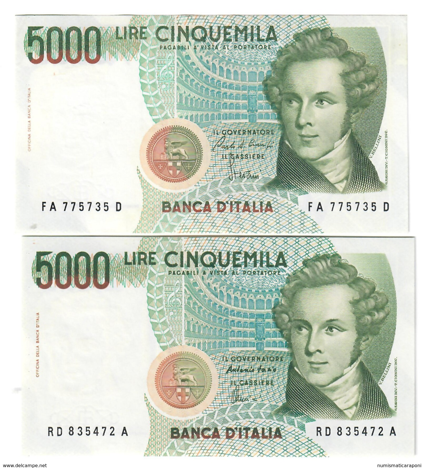 5000 Lire Vincenzo Bellini A 1985 + D 1996 Sup/fds LOTTO 1669 - 5000 Liras