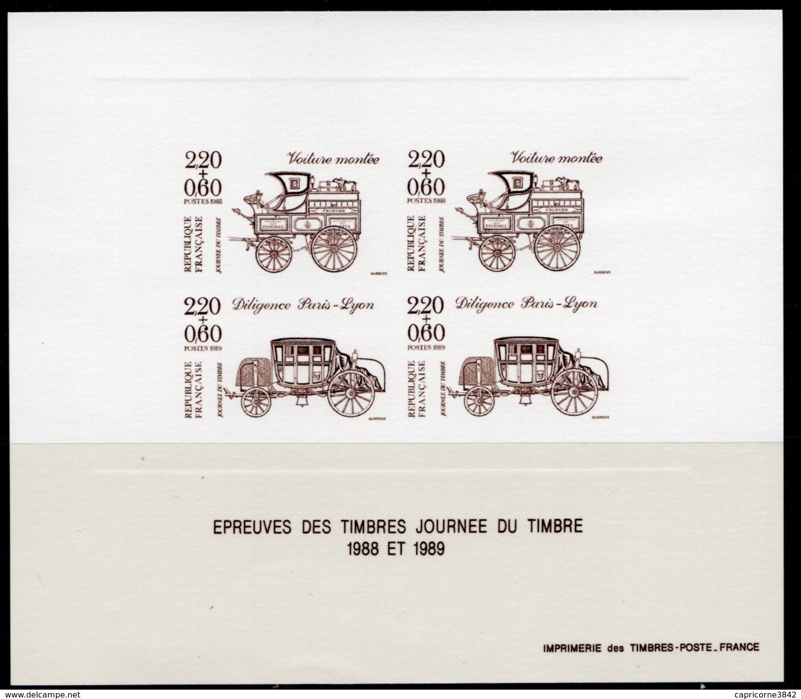 1988 - Epreuve Des Timbres "Journée Du Timbre 1988 Et 1989" (Diligence Et Voiture Montée) - Imprimé En Taille Douce - Luxusentwürfe
