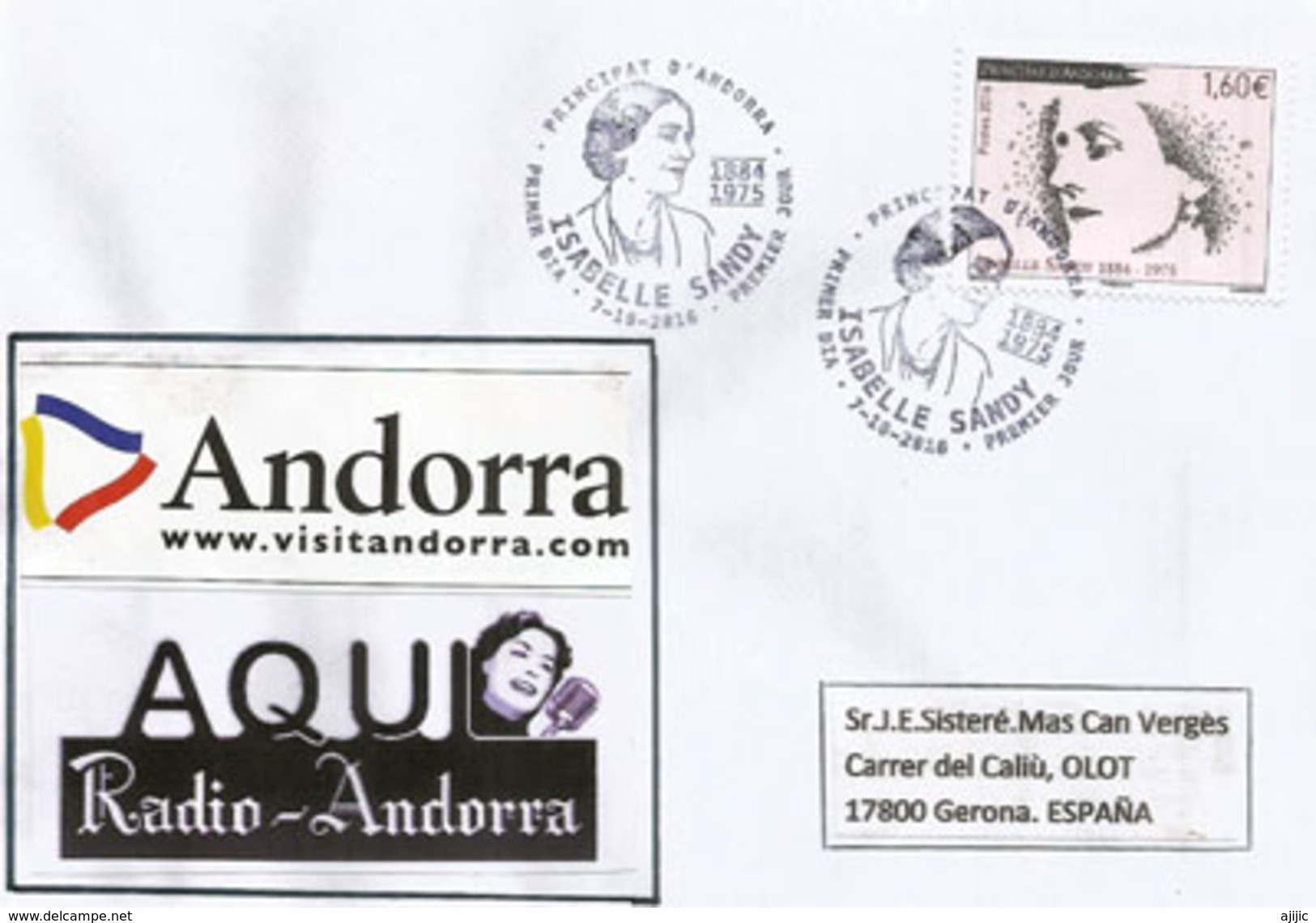 Isabelle Sandy, La VOIX De RADIO ANDORRA Dans Les Années 1960-1970, Lettre FDC Adressée Espagne - Covers & Documents